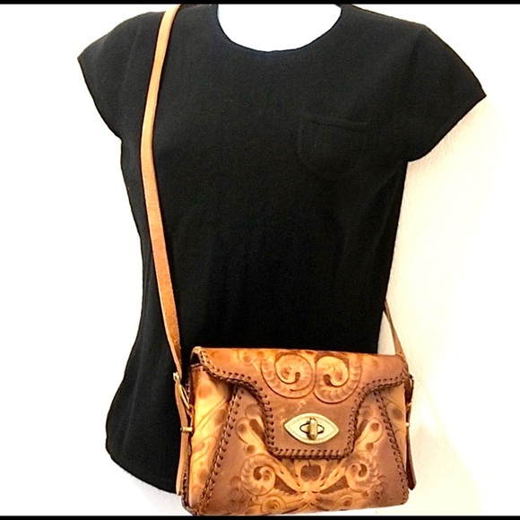Vintage Handbags - Handmade tooled leather shoulder bag crossbody